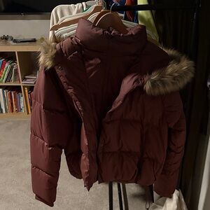 The North Face Women's Maroon Puffer Jacket with Faux Fur